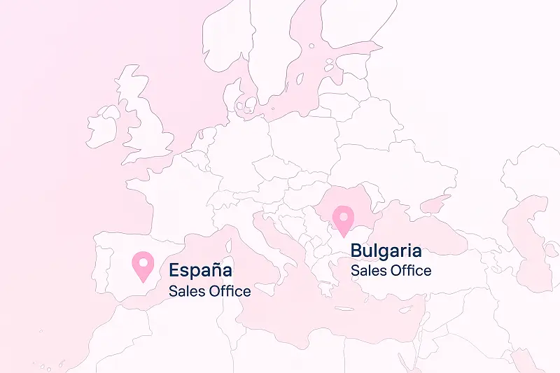 Sales-offices-Topdermal-2 Karte von Europa mit zwei Stecknadeln, eine in Spanien und eine in Bulgarien, mit den Vertriebsbüros von TopDermal